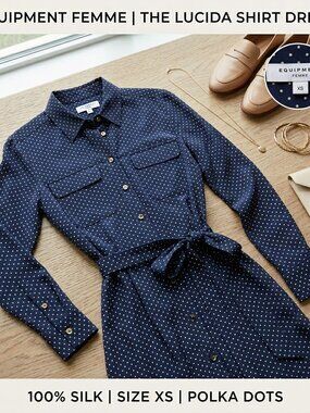 Equipment Femme | 100% Silk Polka Dot Shirt Dress in Navy & Cream - Size XS
